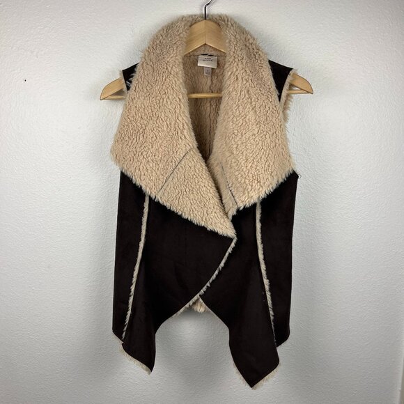 Knox Rose | Womens Faux Suede Faux Fur Lined Open Front Brown Sherpa Vest, Small - Picture 1 of 11